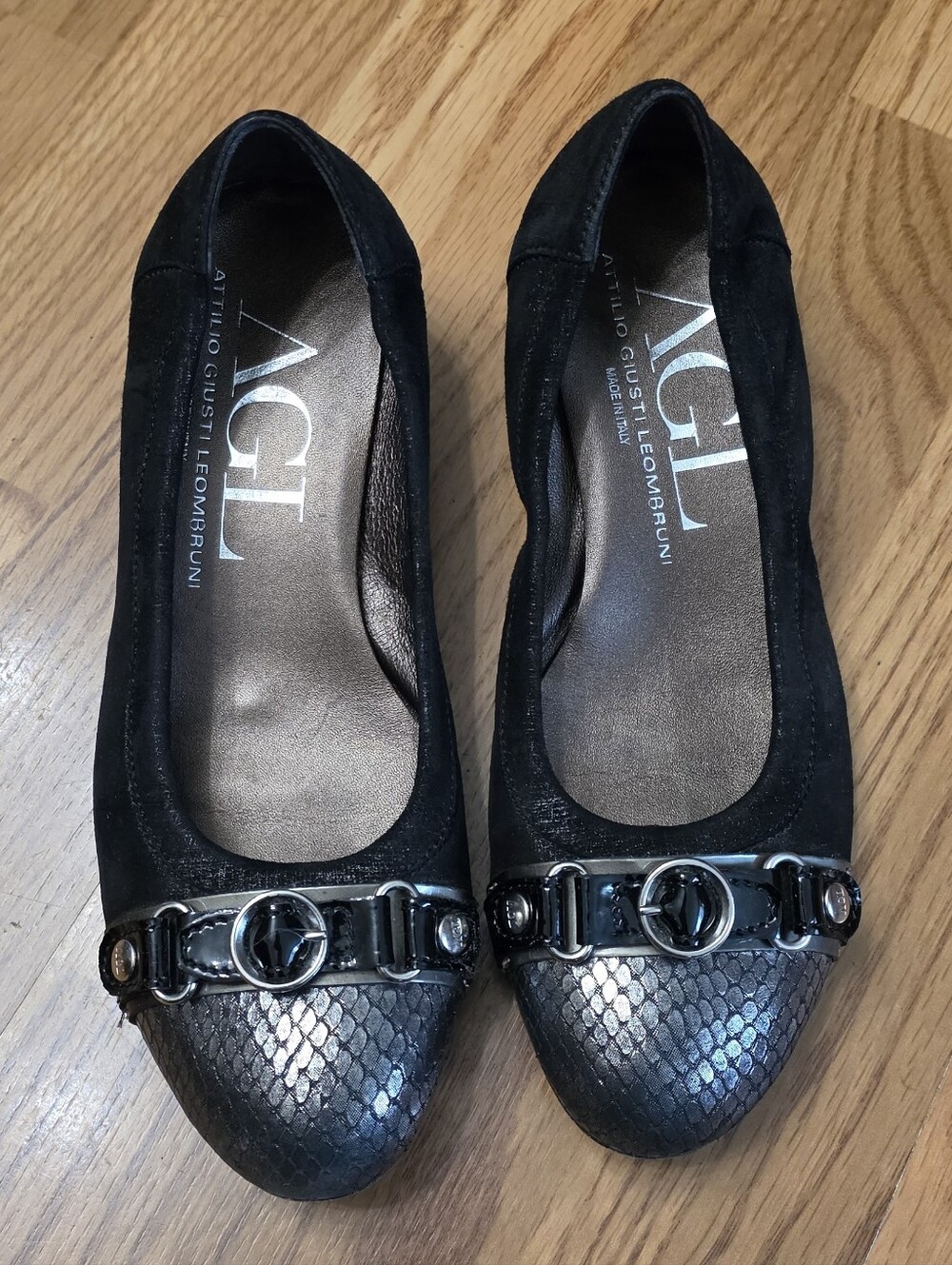 AGL Attilio Giusti Leombruni Black Suede Snake Cap Toe Wedge Pumps Shoes Size 6